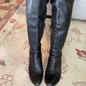 BLACK CALFSKIN OVER THE KNEE  LOW HEELED BOOTS